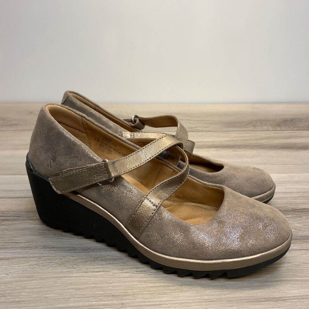 COMFORTIVA Alice Metallic Cross Strap Mary Jane Wedge Sz 6.5M‎ Cushion Insole